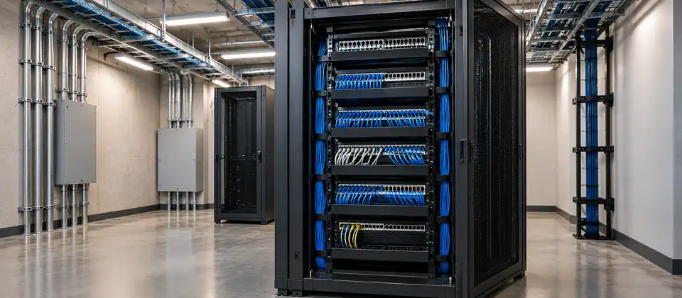 Foto: canalización estructurada de red de voz y datos en rack